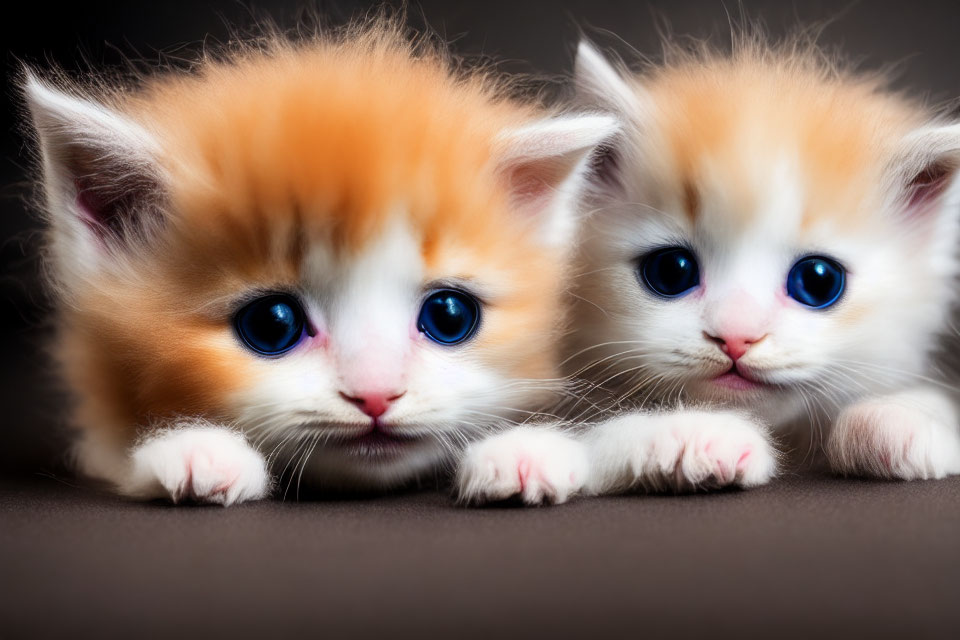 Three Orange-and-White Kittens with Blue Eyes on Dark Background