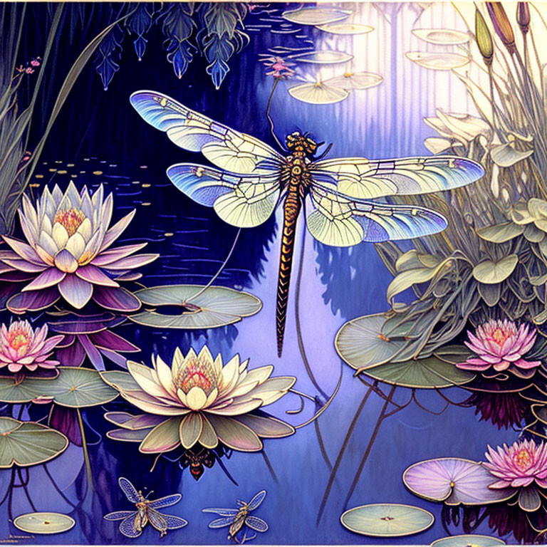 Dragonfly hovering over pink water lilies in blue pond with lily pads & reeds