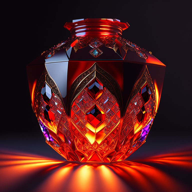 Intricately Designed Red Crystal Vase with Radiant Light