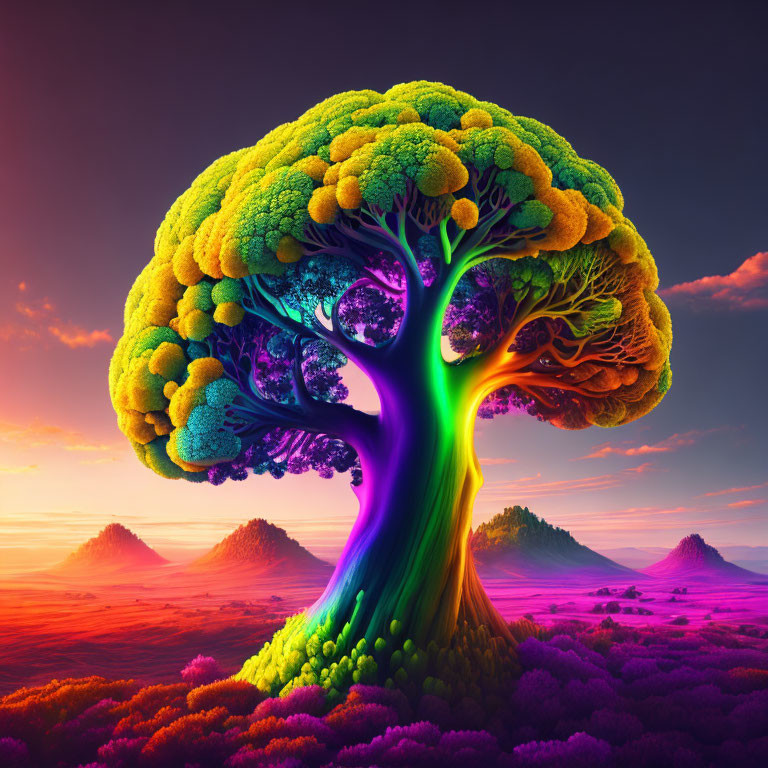 Colorful surreal tree with brain-like canopy against sunset sky