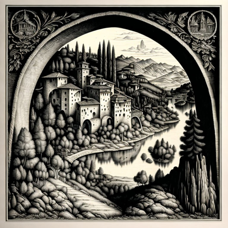 Serene village with castles, bridge, lush trees, and hills in black and white art