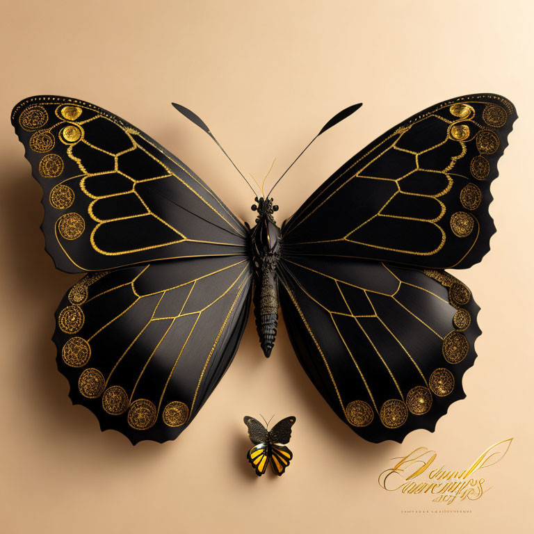 Ornate black butterfly with gold patterns next to a smaller butterfly on beige background