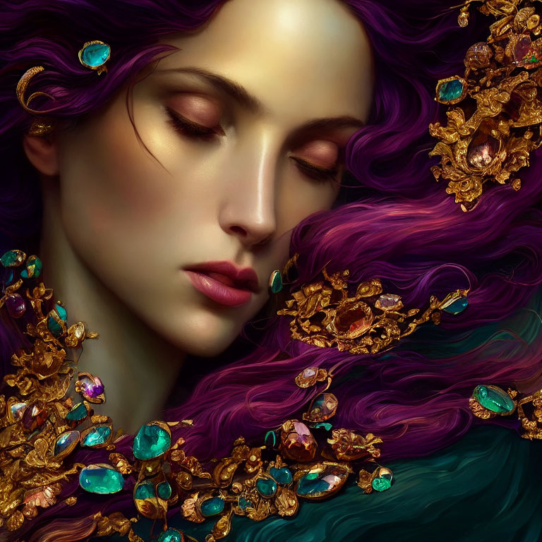 Purple-haired woman with gem-encrusted jewelry in serene pose