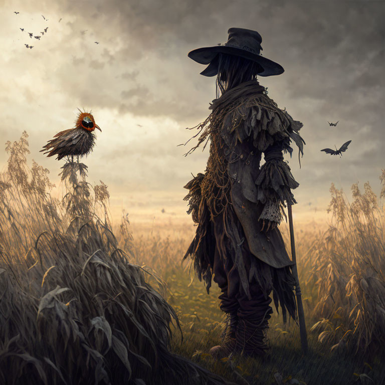 Mysterious figure in wide-brimmed hat and cloak with eerie creature in overcast field