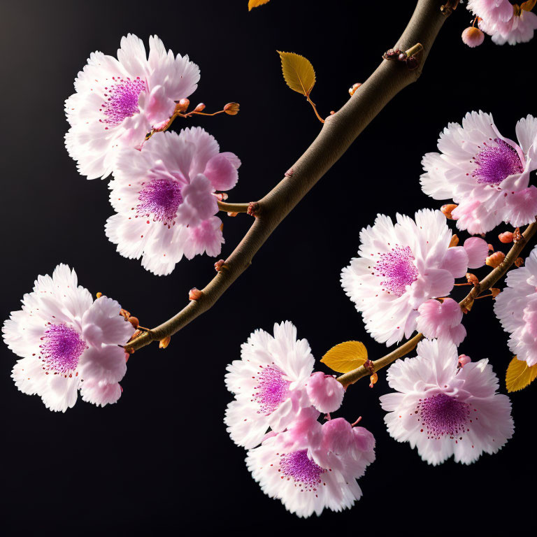 Pink Cherry Blossoms with Yellow Centers on Dark Background