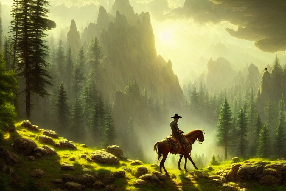 Cowboy riding horse in lush forest valley with cliffs and sunrays.