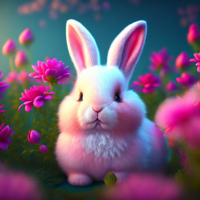 Fluffy White Rabbit Among Pink Flowers on Blue-Green Background