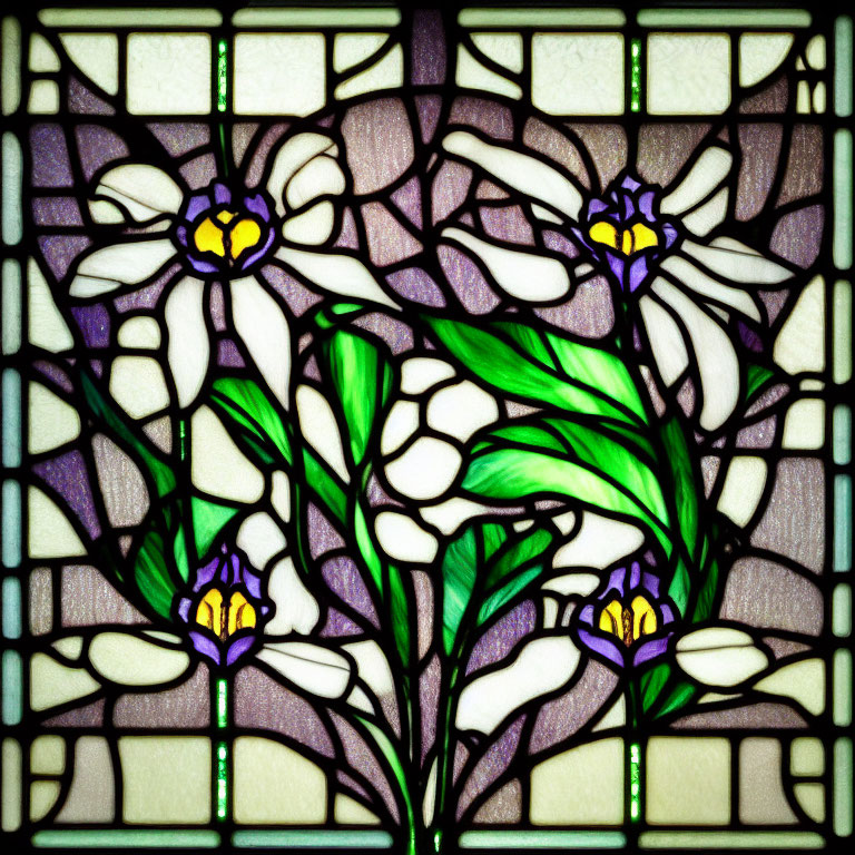 Floral Pattern Stained Glass Window with White Blooms