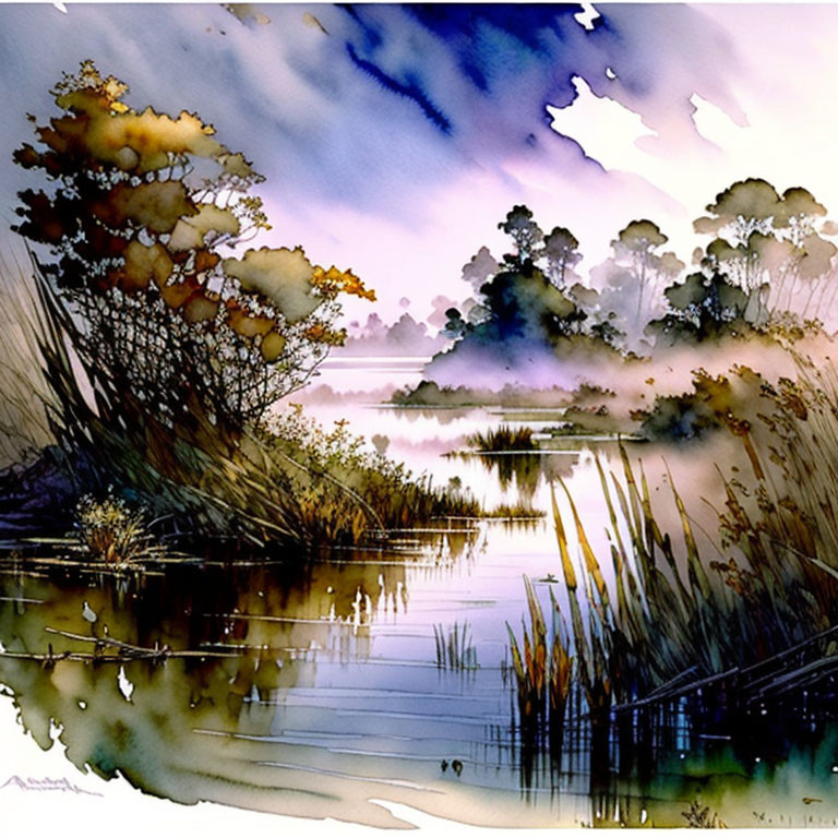 Tranquil lakeside watercolor painting with silhouetted trees