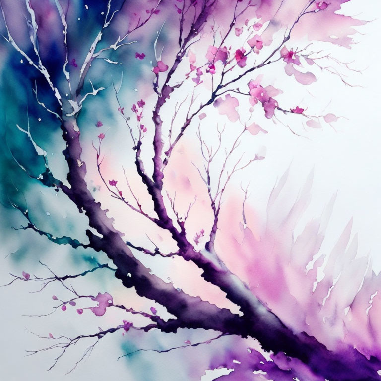 Delicate pink blossoms on twisted branches with purple and blue gradient background