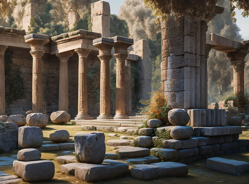 Stone temple ruins with towering columns in serene forest environment