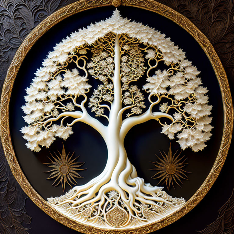 Symmetrical white and gold tree illustration on dark background with golden border