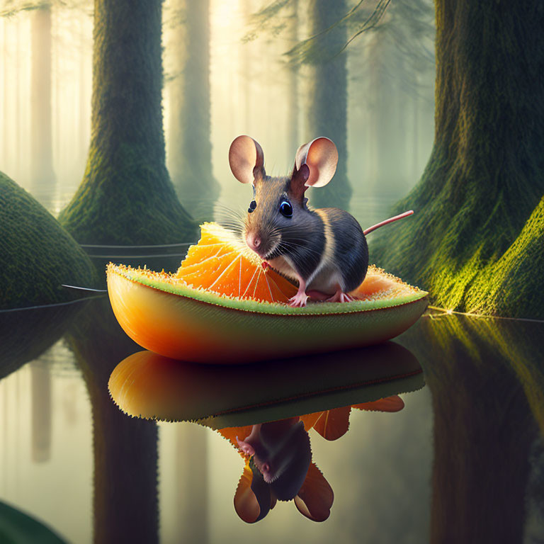 Mouse on melon slice with reflection in misty, tree-lined setting