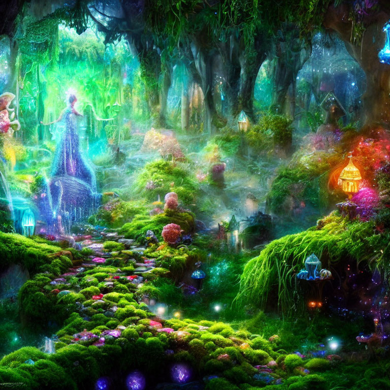 Enchanting forest scene with glowing lanterns and radiant figure