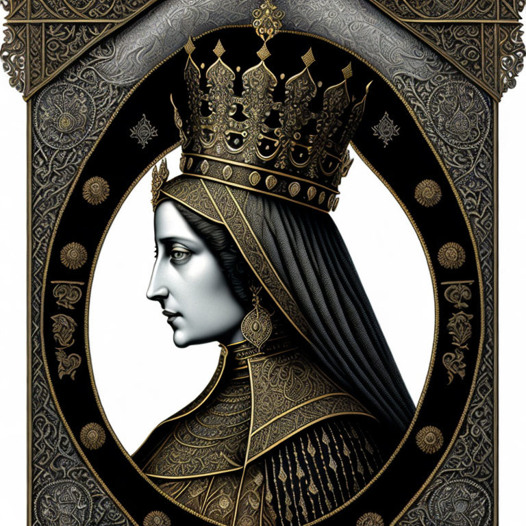 Detailed Profile Illustration of Queen with Golden Crown & Ornate Robe