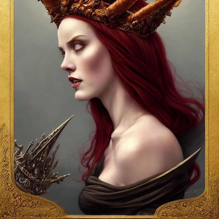 Digital portrait of woman with red hair and regal golden crown in ornate frame