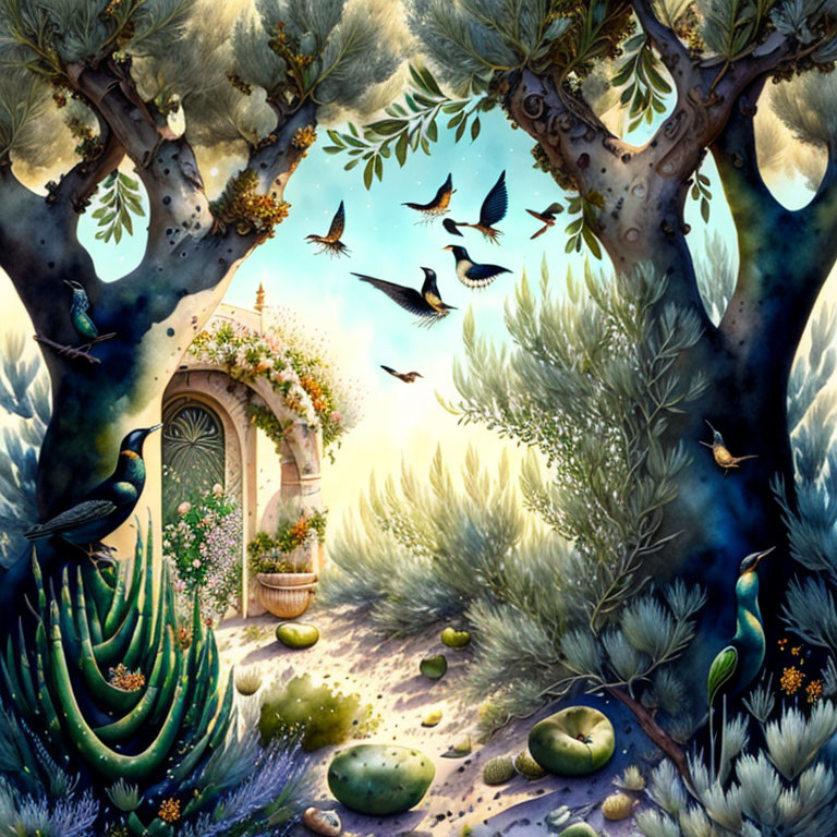 Colorful garden with trees, birds, hidden door, and cacti.