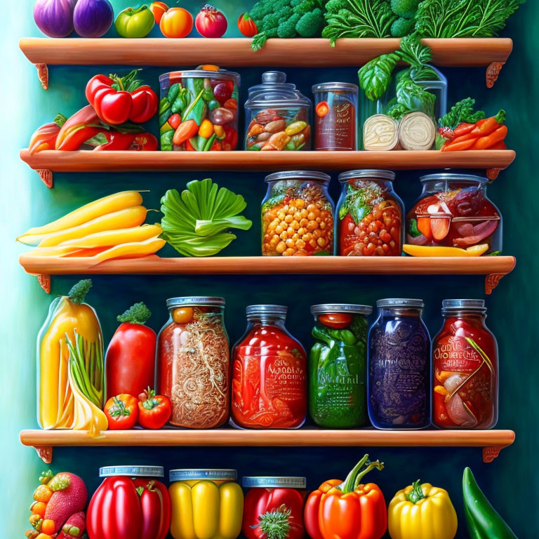 Colorful Fresh Vegetables & Canned Goods Display Shelf