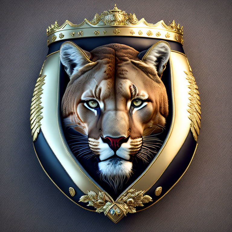 Illustrated crest with lioness head, crown, shield, gold & white accents, feathers