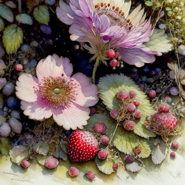 Detailed Painting of Strawberries with Pink Flowers and Berries