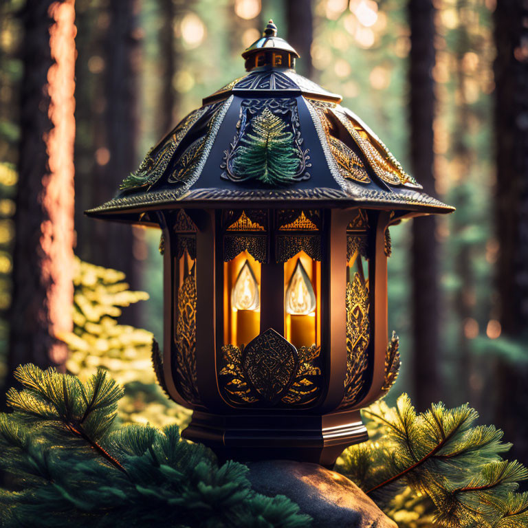 Intricate lantern with glowing candles in pine forest at dusk