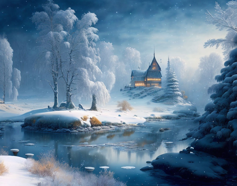 Snow-covered trees, calm river, ice patches, lit house - serene winter scene