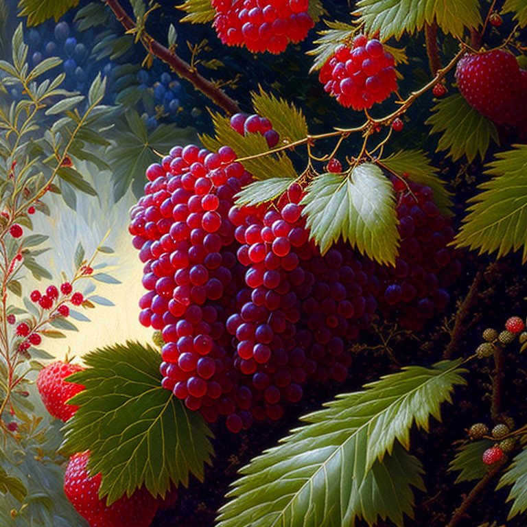 Realistic painting of ripe grapes and berries in green foliage