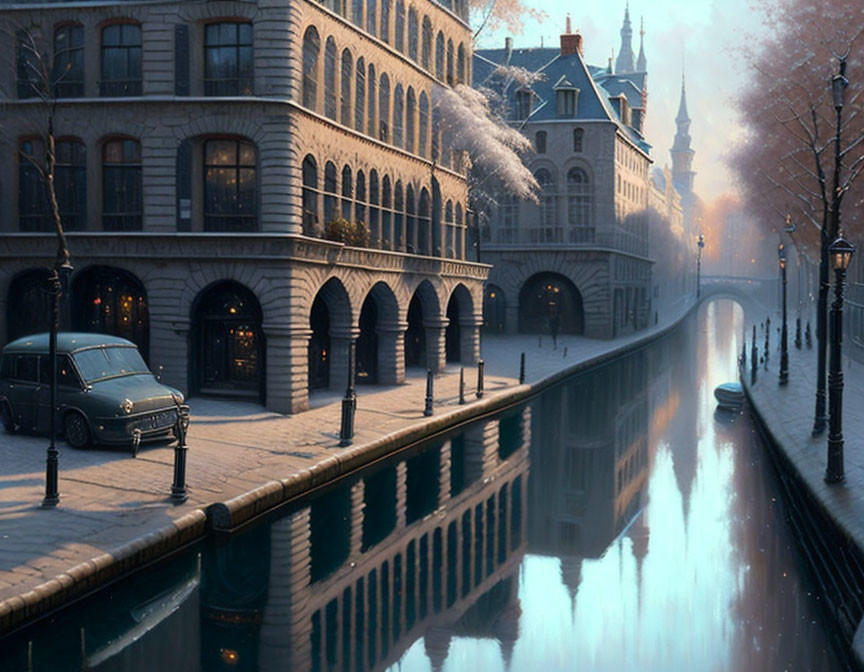 Snowy Winter Morning: Black Car by Canal with Historical Buildings