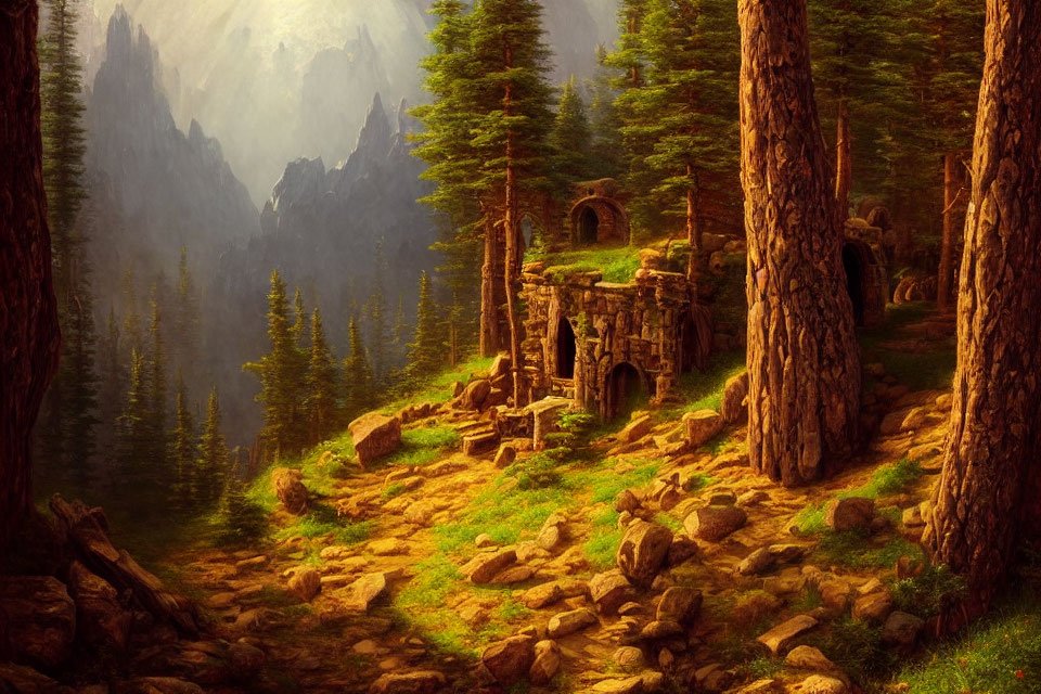 Mystical forest with towering trees, rocky path, ancient ruins, and misty mountains