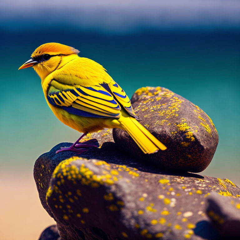 Colorful Yellow Bird with Black Markings on Lichen-Covered Rock