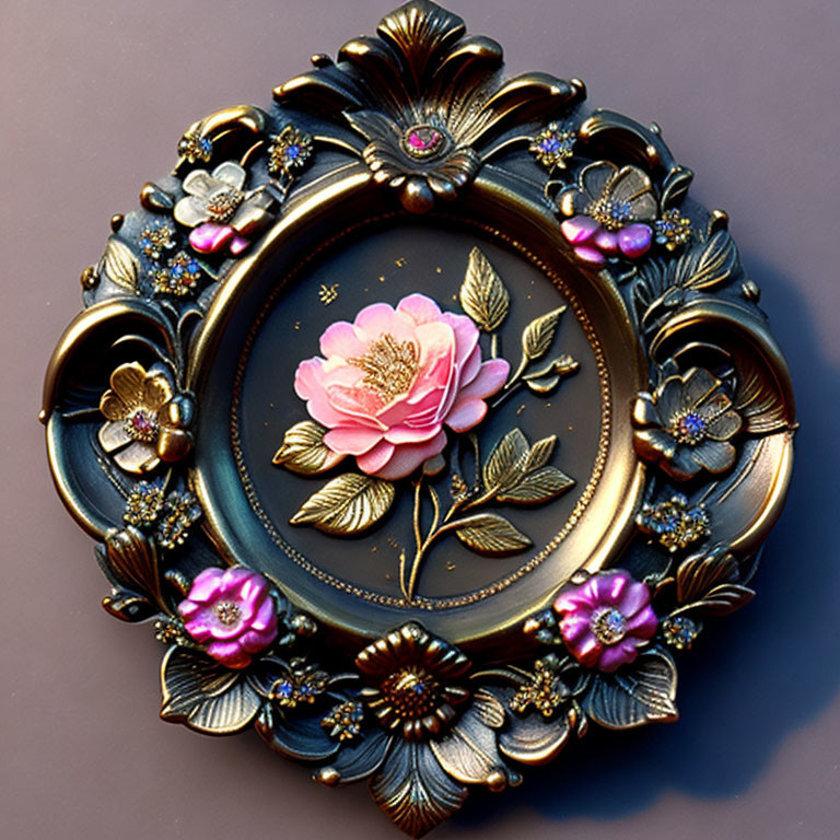 Embossed Pink Flower in Ornate Golden Frame with Jewel Accents