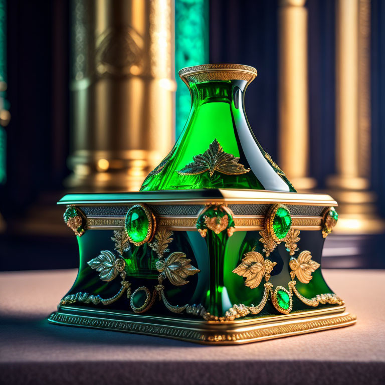 Green Glass Inkwell with Gold Detailing and Jewels on Dark Background