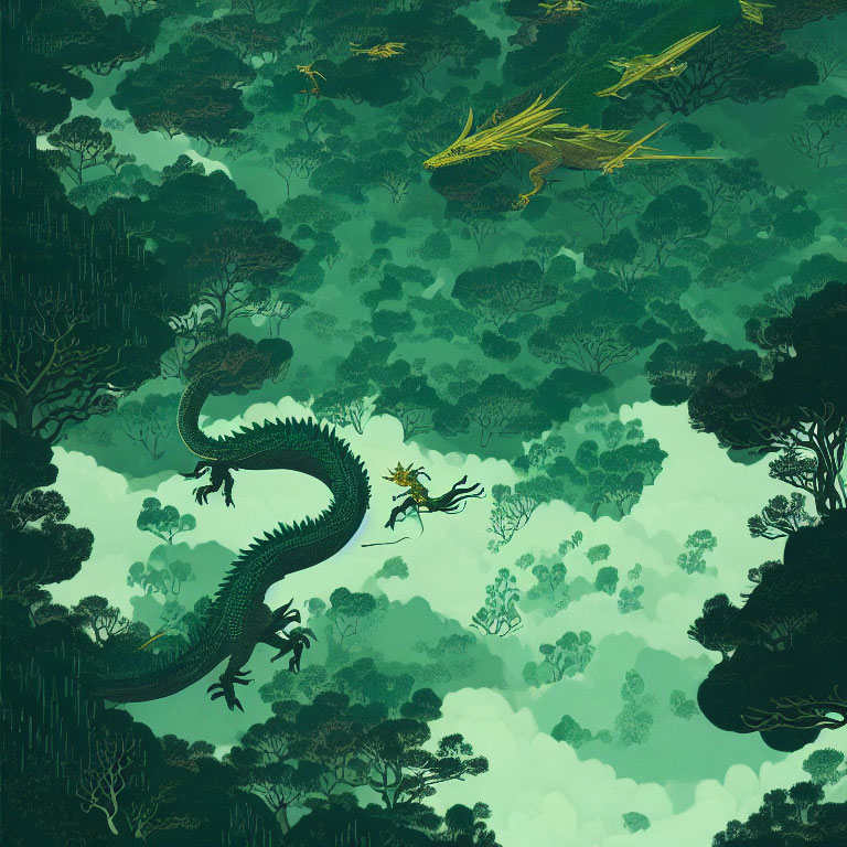 Person riding flying dragon over lush green forest with second dragon