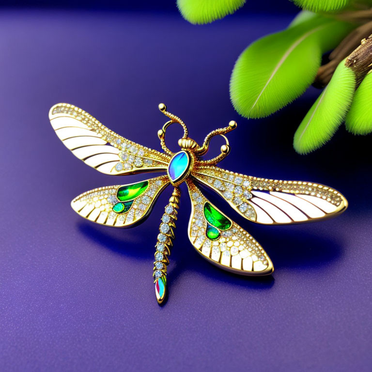 Opal Body Dragonfly Brooch on Purple Background