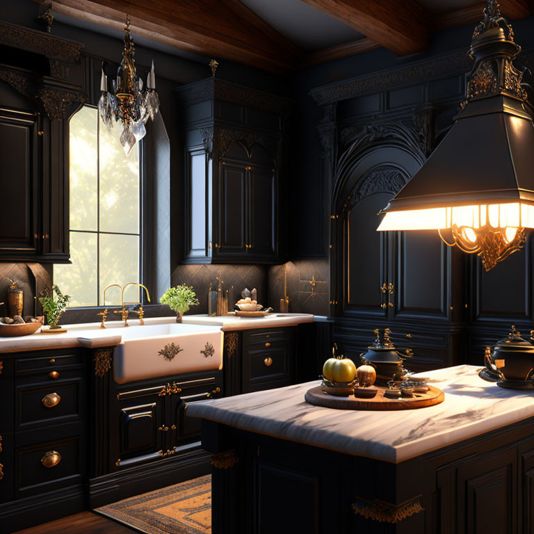 Luxurious Kitchen with Dark Wood Cabinets and Marble Countertops