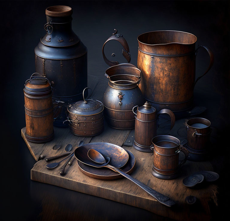 Vintage copper kitchenware collection on wooden surface with dark backdrop