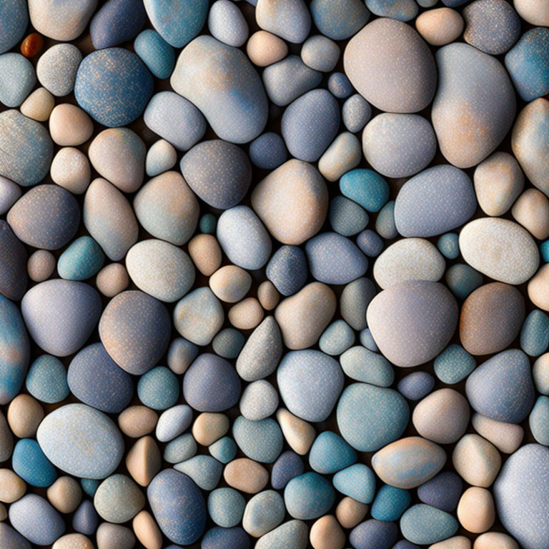 Assorted smooth, rounded pebbles in blue, gray, and white shades