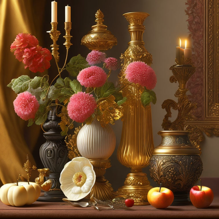 Ornate golden vases, candles, flowers, pumpkins, and apples on a table