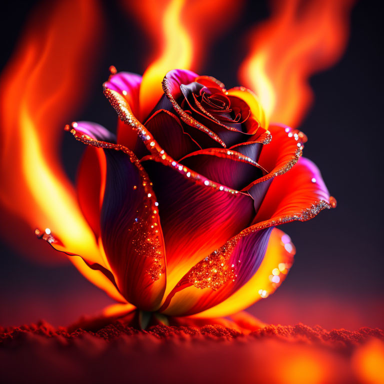 Fiery Red and Orange Rose with Glittering Beads on Flame-like Background