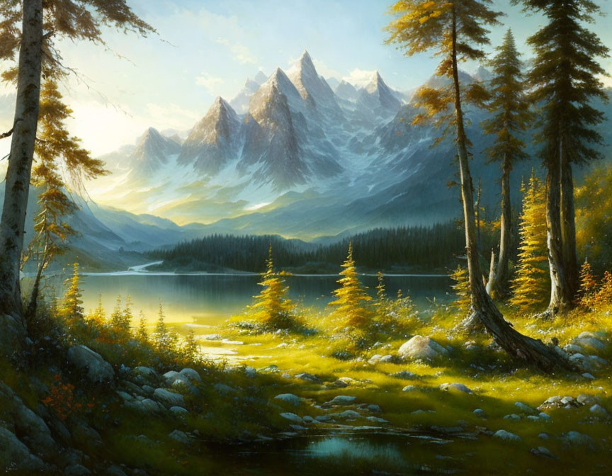 Tranquil lake, lush forests, and majestic mountains at sunset