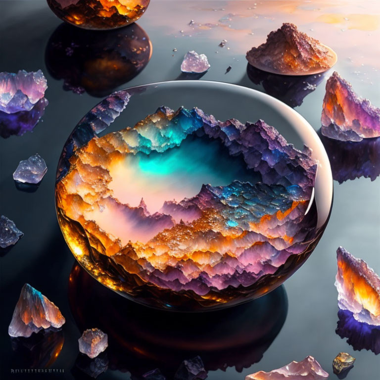 Vibrant textured landscape in a bowl with crystal formations and floating orbs