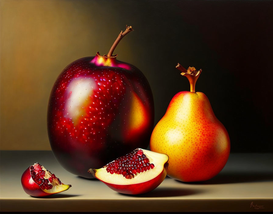 Vibrant hyper-realistic painting of oversized fruit with sliced pomegranate