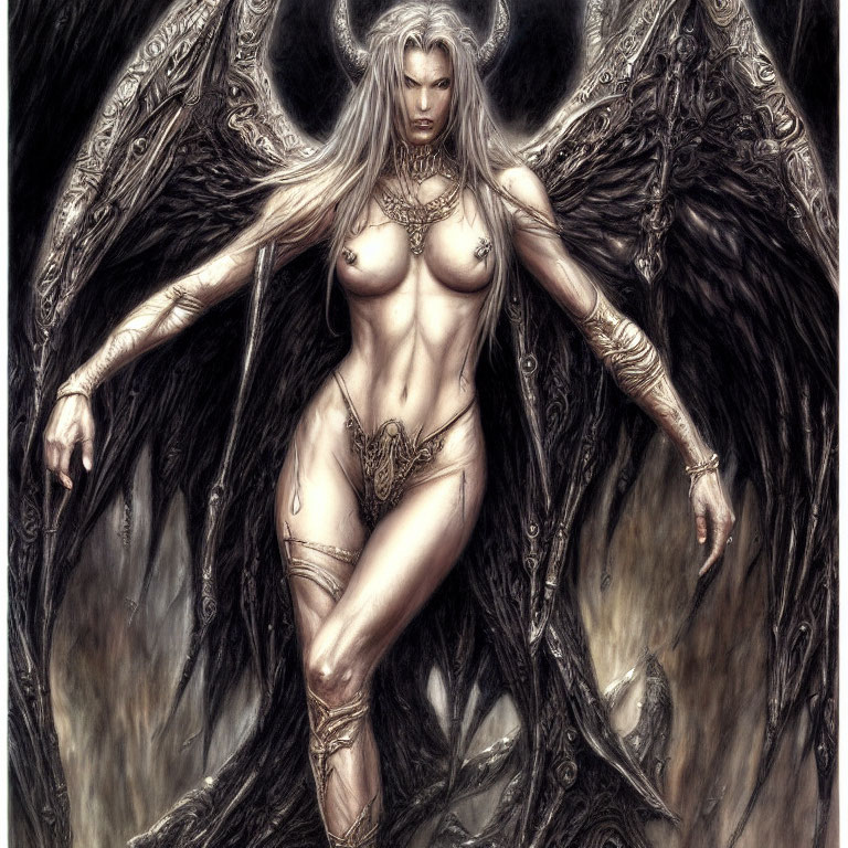 Fantasy female character with white hair, horns, dark wings, and intricate body adornments