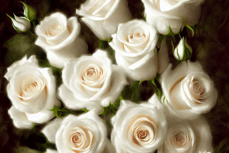 Digital Painting: Lush White Roses Bouquet with Soft Lighting