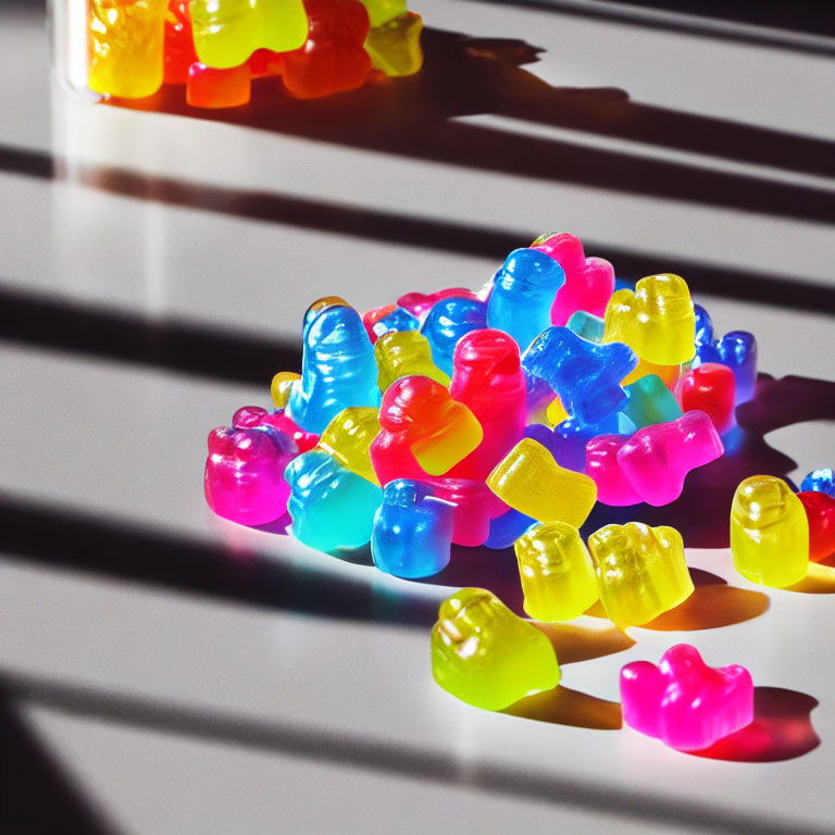 Vibrant gummy bears under sunlight with shadows on white surface