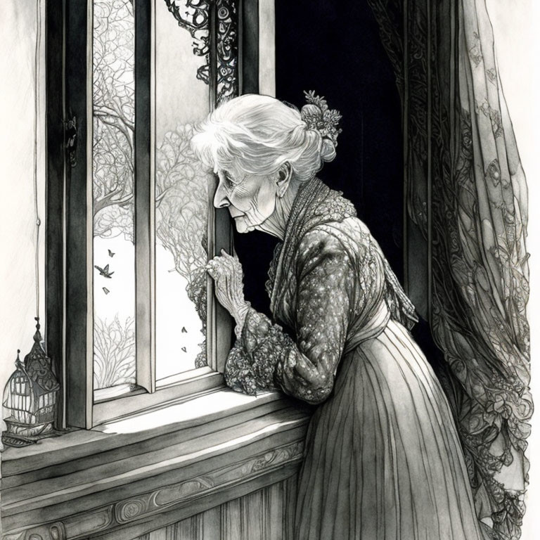 Elderly woman by open window with birdcage and butterflies