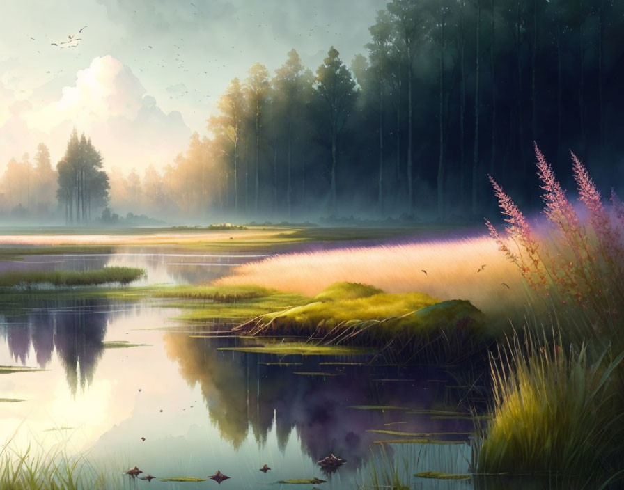 Tranquil forest lake scene with hazy sky and colorful flora