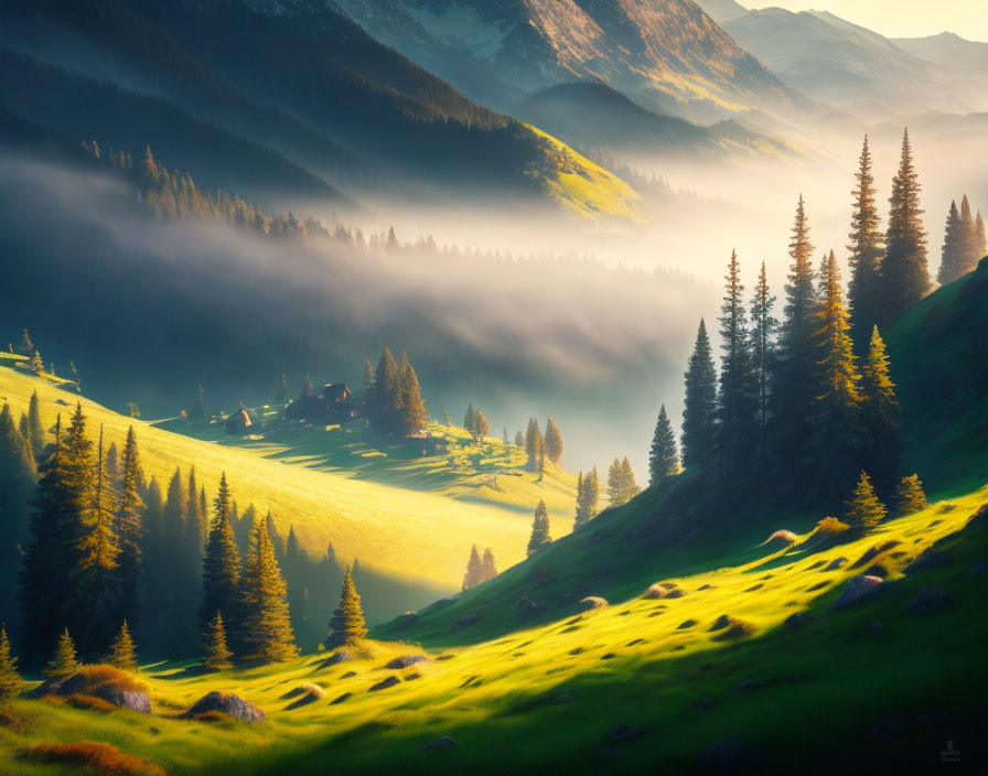 Golden sunlight illuminates misty valley with rolling hills, pine trees, and distant mountain.