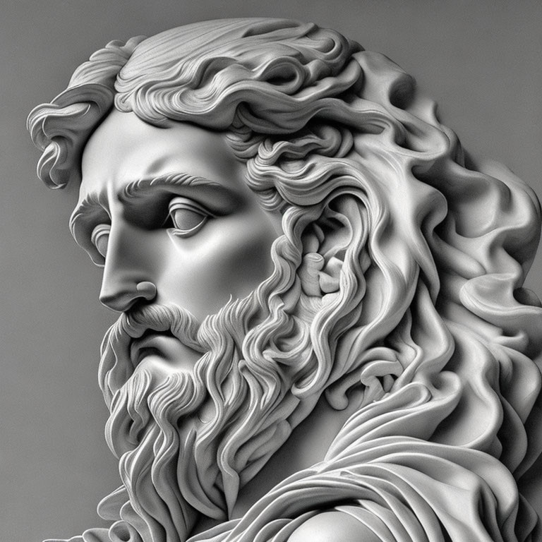 Monochromatic classical sculpture of a man's detailed face with wavy hair and full beard