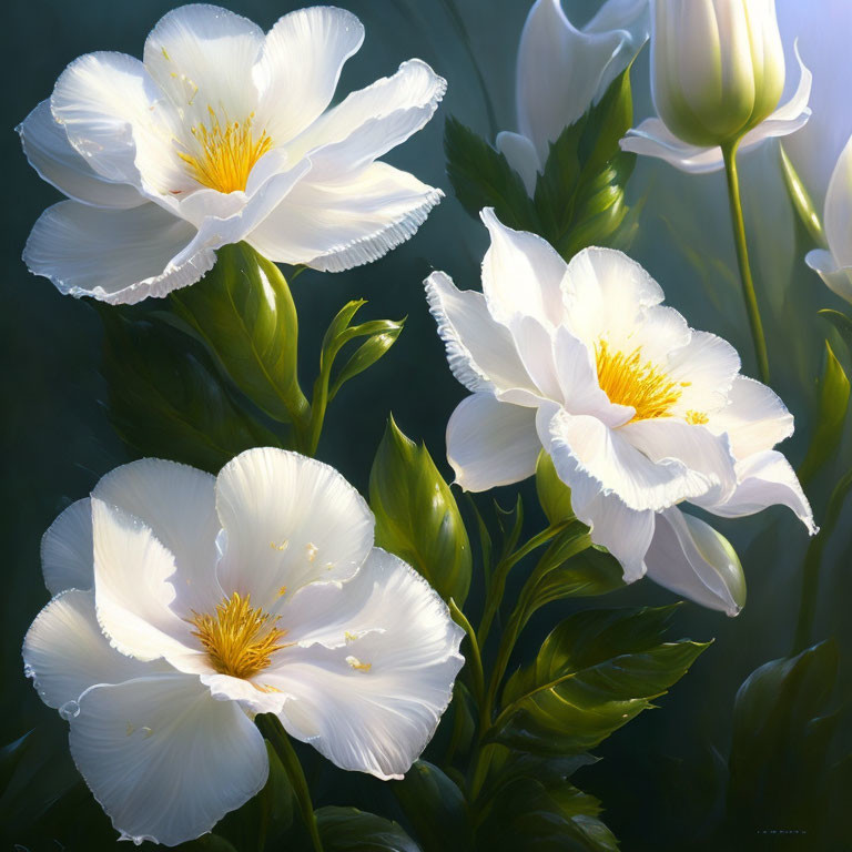 Realistic White Flowers with Yellow Centers and Green Leaves